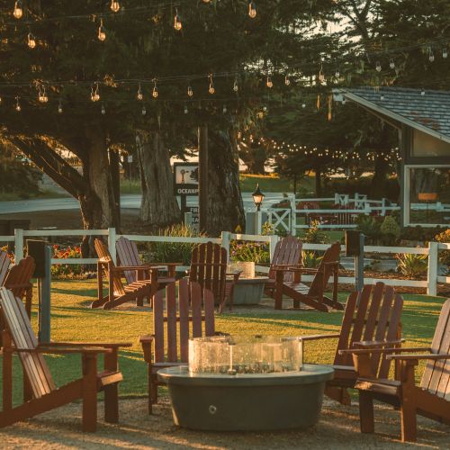 A cozy outdoor gathering area with wooden chairs arranged around a metal fire pit, string lights overhead, in a sunny backyard setting.