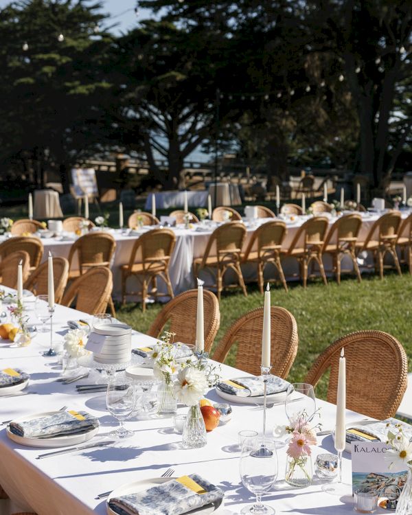 A long outdoor table set for a formal meal with white linens, plates, glassware, and floral centerpieces, arranged under trees for a wedding or event.