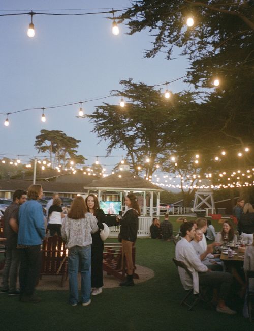 A lively outdoor evening gathering under string lights, people chatting and dining at tables on a lawn with trees and a clear sky.