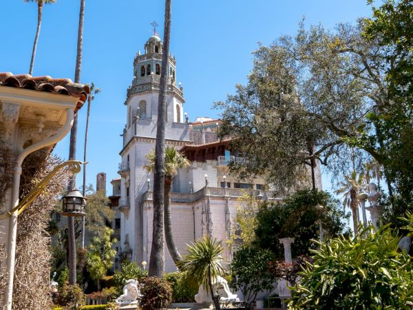 A white church with a tall bell tower, palm trees, and lush greenery in a sunny garden courtyard. Beautiful historic vibe.