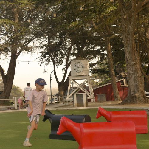 A boy in a pink shirt and striped shorts kneels on green turf near bright red obstacle poles, with trees and a structure in the background.