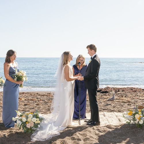 A seaside wedding: bride and groom exchange vows on the sand, flanked by bridesmaids in lavender dresses and groomsmen in dark suits, with seashell decor.