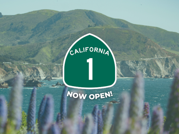 California 1 sign on the coast with hills and flowers in the foreground, now open.