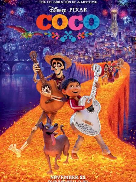 A &ldquo;Disney Pixar Coco&rdquo; movie poster with Miguel playing guitar, a guitar-playing skeleton, and colorful fireworks in the sky.