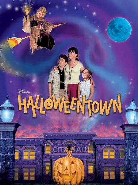 It&rsquo;s a Disney&rsquo;s Halloween Town poster with a pumpkin, spooky city lights, and three kids under a starry sky and moon.